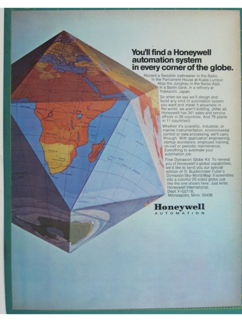 Print Ad Honeywell Automation System Global Solutions Dymaxion Globe Kit 1960s